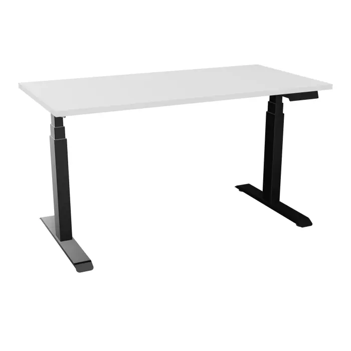 AXEL 2 Bureau rectangulaire L. 140 x P. 70 plateau prépercé obt ep. 25 mm mélamine blanc neige structure métal lisse noir motorisé boitier 4 utilisateurs x 2 mémoires + USB