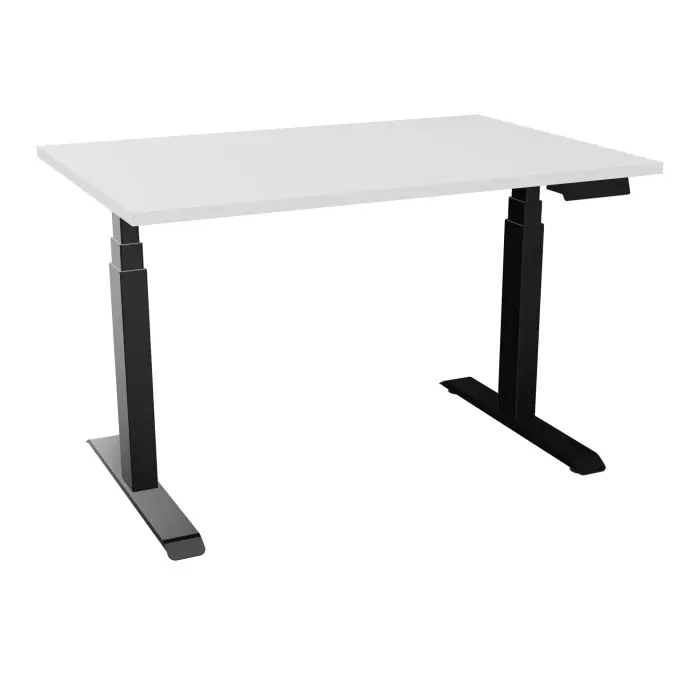 AXEL 2 Bureau rectangulaire L. 120 x P. 80 plateau prépercé obt ep. 25 mm mélamine blanc neige structure métal lisse noir motorisé boitier 4 utilisateurs x 2 mémoires + USB