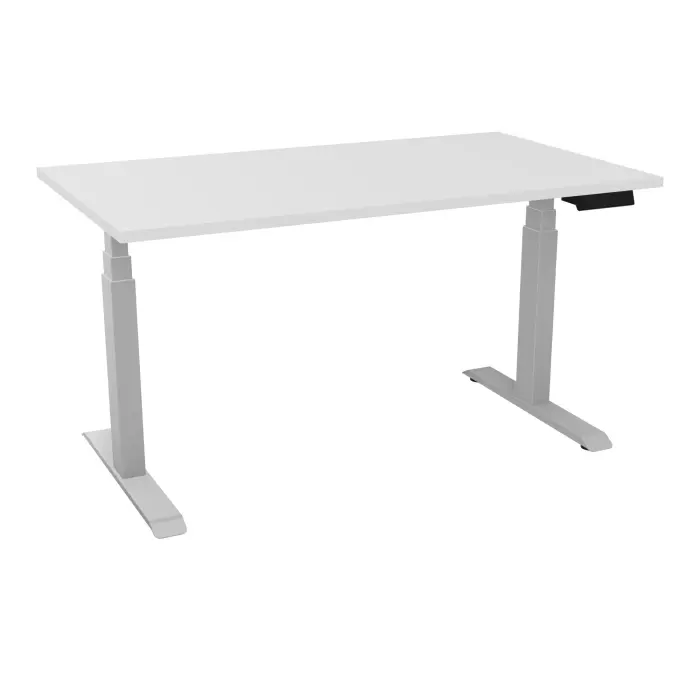 AXEL 2 Bureau rectangulaire L. 140 x P. 80 plateau prépercé obt ep. 25 mm mélamine blanc neige structure métal lisse gris argent motorisé boitier 4 utilisateurs x 2 mémoires + USB