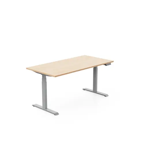 AXEL 2 Bureau rectangulaire L. 160 x P. 80 plateau prépercé obt ep. 25 mm mélamine Chêne naturel structure métal lisse gris argent motorisé boitier 4 utilisateurs x 2 mémoires + USB