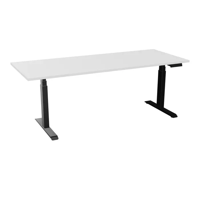 AXEL 2 Bureau rectangulaire L. 200 x P. 80 plateau prépercé obt ep. 25 mm mélamine blanc neige structure métal lisse noir motorisé boitier 4 utilisateurs x 2 mémoires + USB