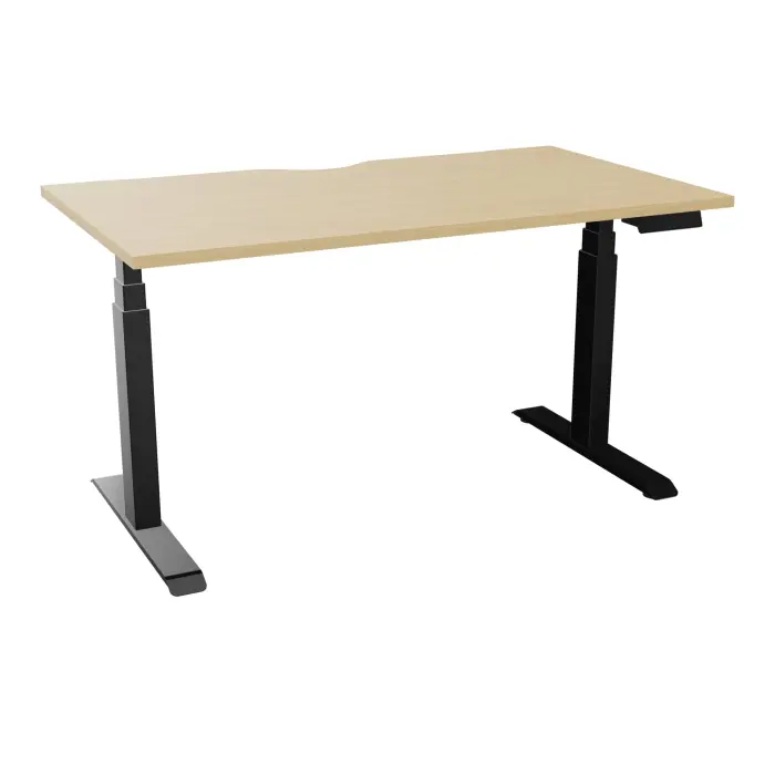 AXEL 2 Bureau rectangulaire L. 140 x P. 80 plateau échancrure ep. 25 mm mélamine Chêne naturel structure métal lisse noir motorisé Boitier 4 utilisateurs x 2 mémoires + USB