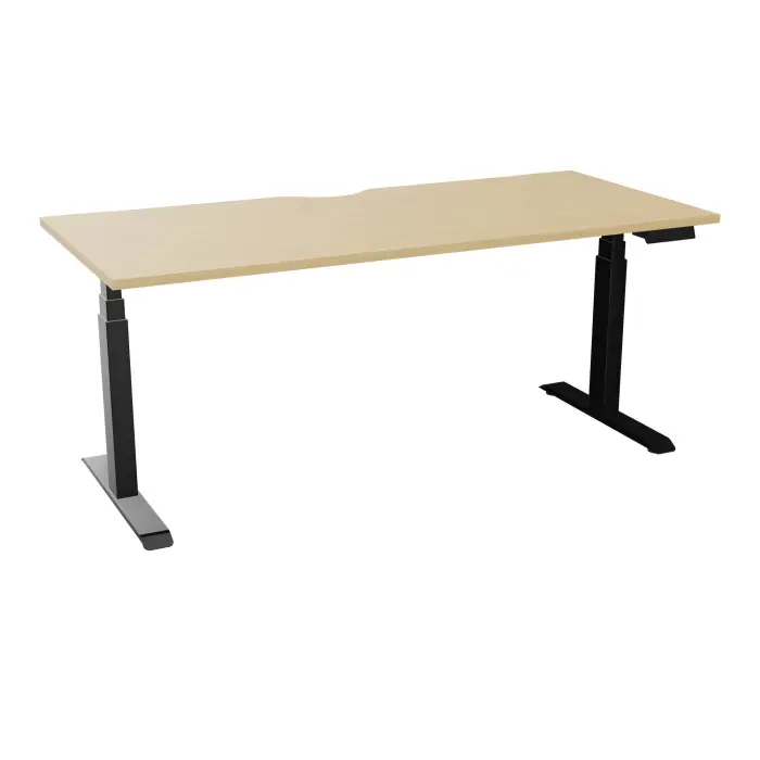 AXEL 2 Bureau rectangulaire L. 180 x P. 80 plateau échancrure ep. 25 mm mélamine Chêne naturel structure métal lisse noir motorisé Boitier 4 utilisateurs x 2 mémoires + USB