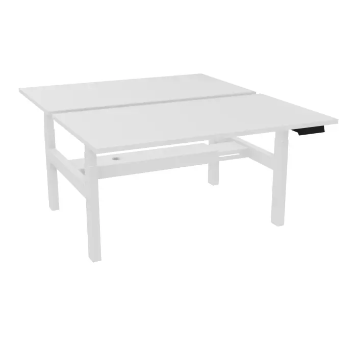 AXEL 2 Bench 2 x rect L. 140 x P. 80 plateaux prépercés obt ép. 25 mm mélamine blanc neige structure métal lisse blanc motorisé 2x Boitiers 4 utilisateurs x 2 mémoires + USB