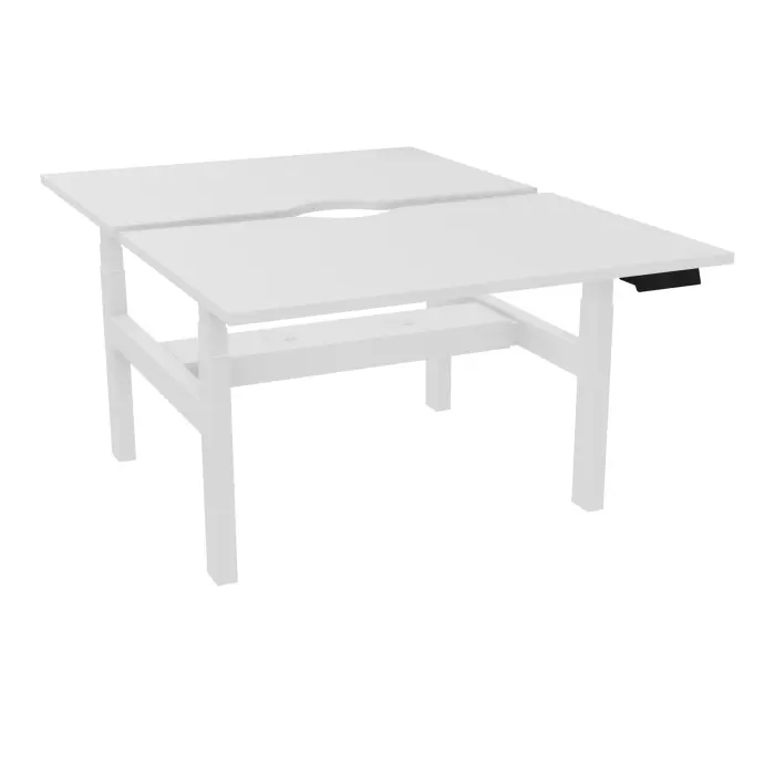 AXEL 2 Bench 2 x rect L. 120 x P. 80 plateaux échancrure ép. 25 mm mélamine blanc neige structure métal lisse blanc motorisé 2x Boitiers 4 utilisateurs x 2 mémoires + USB