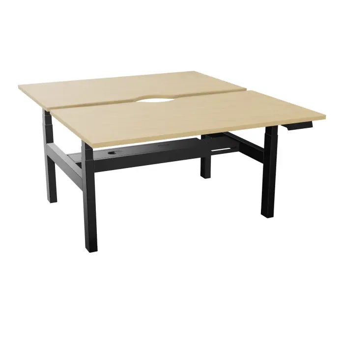 AXEL 2 Bench 2 x rect L. 140 x P. 80 plateaux échancrure ép. 25 mm mélamine Chêne naturel structure métal lisse noir motorisé 2x Boitiers 4 utilisateurs x 2 mémoires + USB
