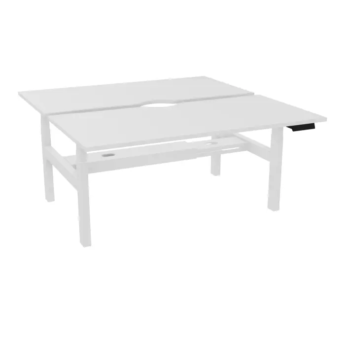 AXEL 2 Bench 2 x rect L. 160 x P. 80 plateaux échancrure ép. 25 mm mélamine blanc neige structure métal lisse blanc motorisé 2x Boitiers 4 utilisateurs x 2 mémoires + USB