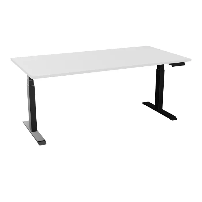 AXEL 2 Bureau rectangulaire L. 180 x P. 90 plateau prépercé obt ep. 25 mm mélamine blanc neige structure métal lisse noir motorisé boitier 4 utilisateurs x 2 mémoires + USB