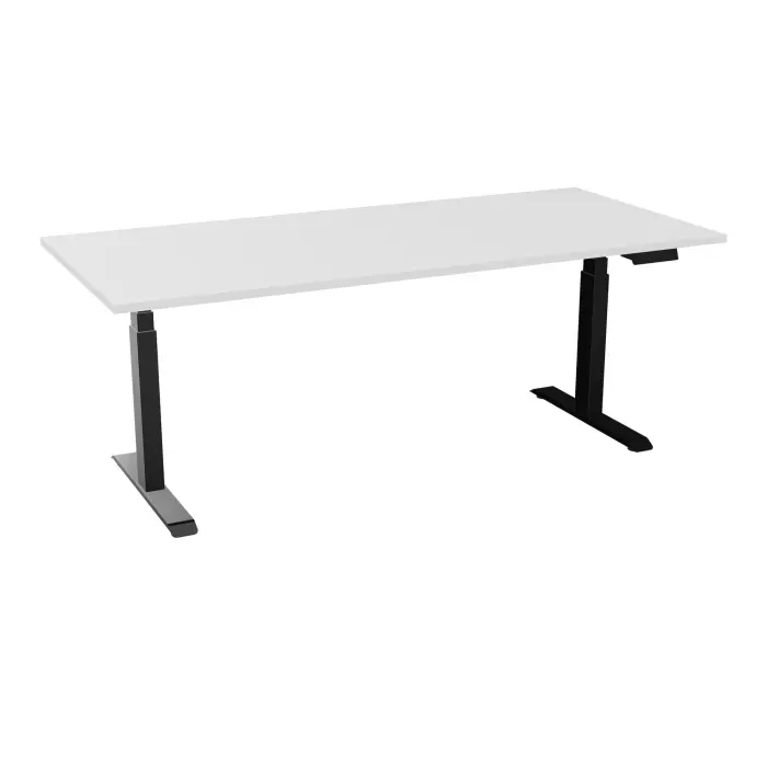 AXEL 2 Bureau rectangulaire L. 200 x P. 90 plateau prépercé obt ep. 25 mm mélamine blanc neige structure métal lisse noir motorisé boitier 4 utilisateurs x 2 mémoires + USB