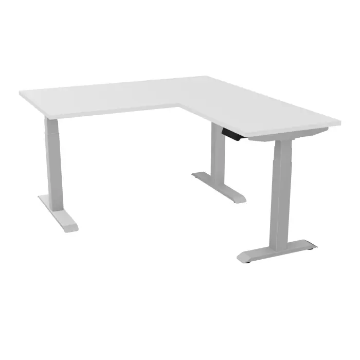 AXEL 2 Bureau rect L. 140 x P. 80 plateau prépercé obt ép. 25 mm + Rt P.60x80 mélamine blanc neige structure métal lisse gris argent motorisé Boitier 4 utilisateurs x 2 mémoires + USB