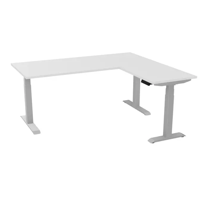 AXEL 2 Bureau rect L. 180 x P. 80 plateau prépercé obt ép. 25 mm + Rt P.60x80 mélamine blanc neige structure métal lisse gris argent motorisé Boitier 4 utilisateurs x 2 mémoires + USB