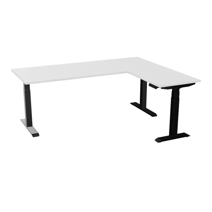 AXEL 2 Bureau rect L. 200 x P. 80 plateau prépercé obt ép. 25 mm + Rt P.60x80 mélamine blanc neige structure métal lisse noir motorisé Boitier 4 utilisateurs x 2 mémoires + USB