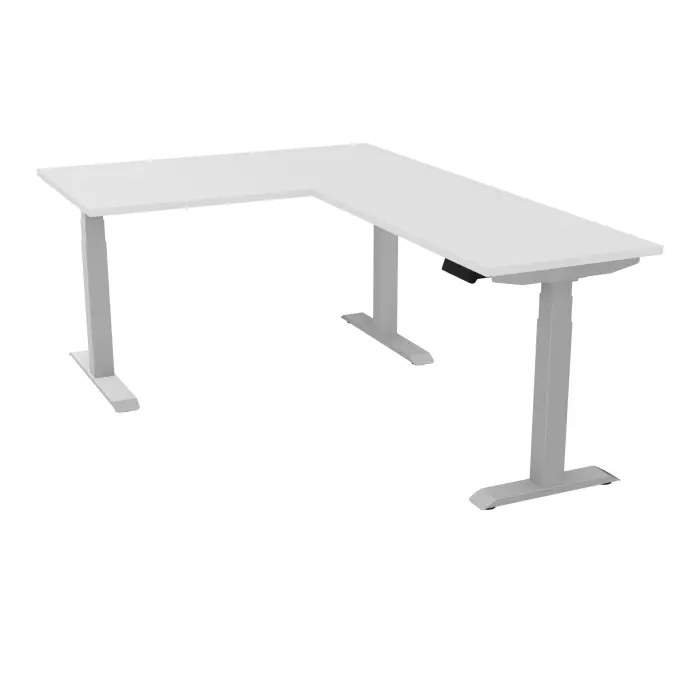 AXEL 2 Bureau rect L. 140 x P. 80 plateau prépercé obt ép. 25 mm + Rt P.60x120 mélamine blanc neige structure métal lisse gris argent motorisé Boitier 4 utilisateurs x 2 mémoires + USB