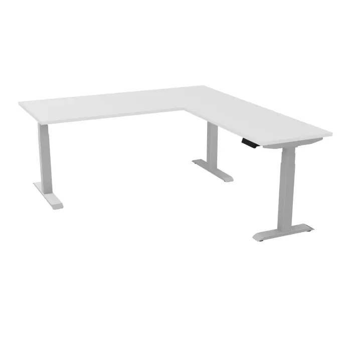 AXEL 2 Bureau rect L. 180 x P. 80 plateau prépercé obt ép. 25 mm + Rt P.60x120 mélamine blanc neige structure métal lisse gris argent motorisé Boitier 4 utilisateurs x 2 mémoires + USB