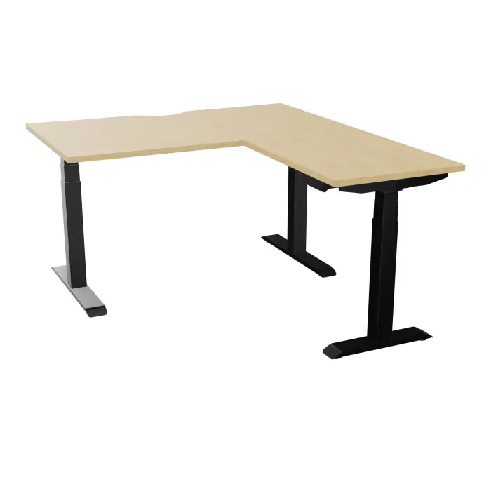AXEL 2 Bureau rect L. 140 x P. 80 plateau échancrure ép. 25 mm + Rt P.60x80 mélamine Chêne naturel structure métal lisse noir motorisé Boitier 4 utilisateurs x 2 mémoires + USB