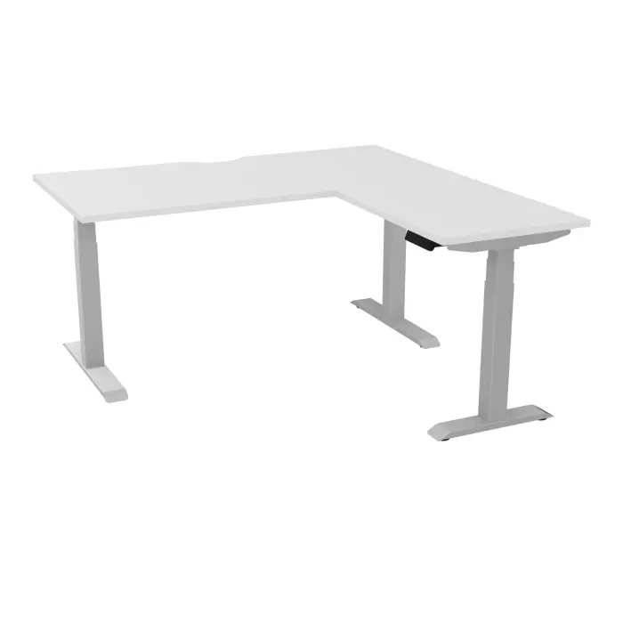 AXEL 2 Bureau rect L. 160 x P. 80 plateau échancrure ép. 25 mm + Rt P.60x80 mélamine blanc neige structure métal lisse gris argent motorisé Boitier 4 utilisateurs x 2 mémoires + USB