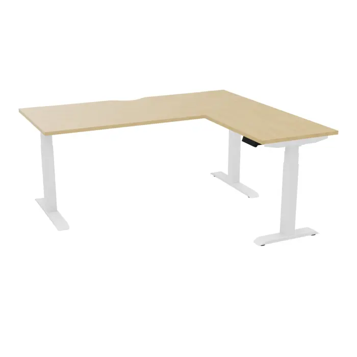 AXEL 2 Bureau rect L. 180 x P. 80 plateau échancrure ép. 25 mm + Rt P.60x80 mélamine Chêne naturel structure métal lisse blanc motorisé Boitier 4 utilisateurs x 2 mémoires + USB