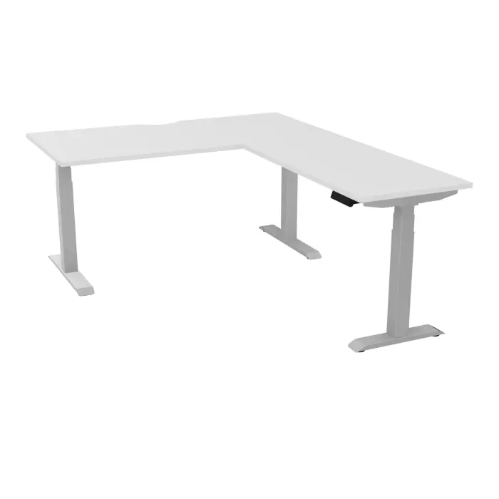 AXEL 2 Bureau rect L. 160 x P. 80 plateau échancrure ép. 25 mm + Rt P.60x120 mélamine blanc neige structure métal lisse gris argent motorisé Boitier 4 utilisateurs x 2 mémoires + USB