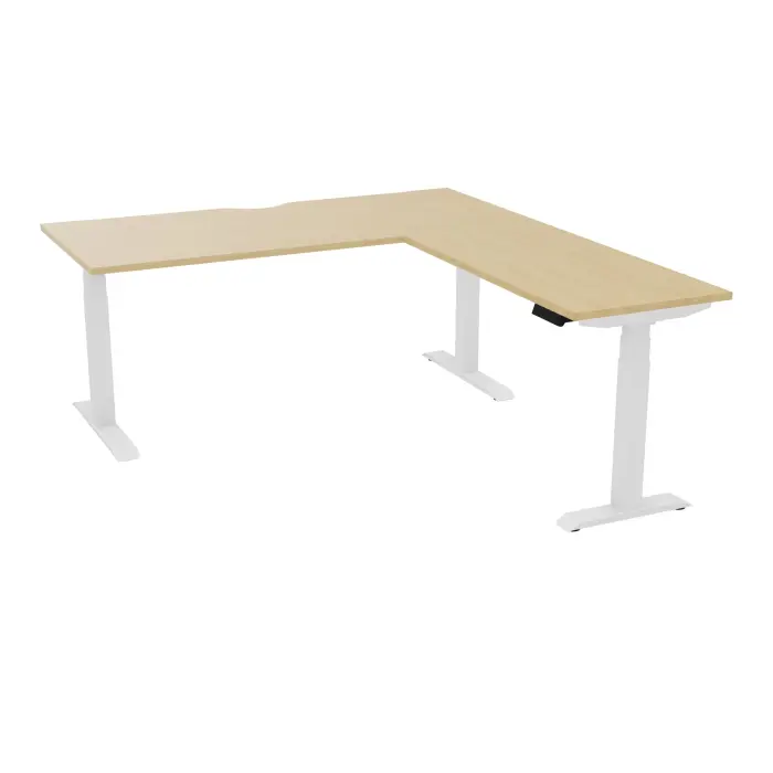 AXEL 2 Bureau rect L. 180 x P. 80 plateau échancrure ép. 25 mm + Rt P.60x120 mélamine Chêne naturel structure métal lisse blanc motorisé Boitier 4 utilisateurs x 2 mémoires + USB