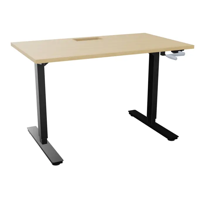 Axel 2 Bureau rectangulaire L. 120 x P. 70 cm plateau découpé trappe ep. 25 mm + goul mélamine Chêne naturel structure métal lisse noir réglable en hauteur par manivelle