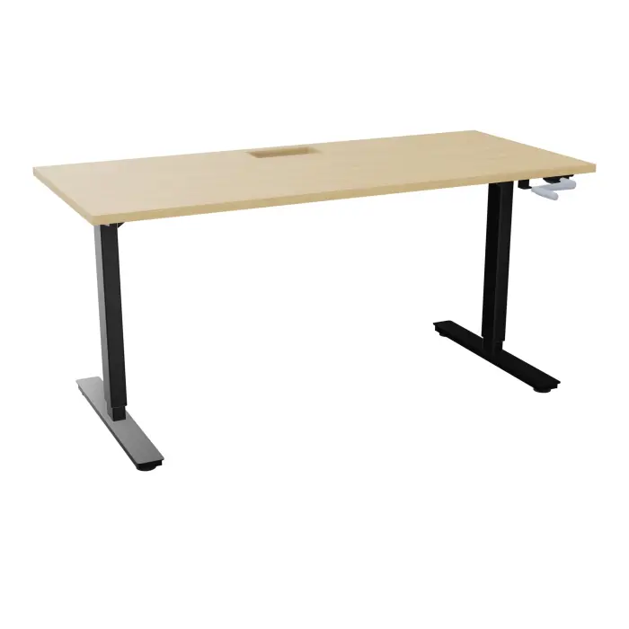 Axel 2 Bureau rectangulaire L. 160 x P. 70 cm plateau découpé trappe ep. 25 mm + goul mélamine Chêne naturel structure métal lisse noir réglable en hauteur par manivelle