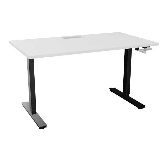 Axel 2 Bureau rectangulaire L. 140 x P. 80 cm plateau découpé trappe ep. 25 mm + goul mélamine blanc neige structure métal lisse noir réglable en hauteur par manivelle