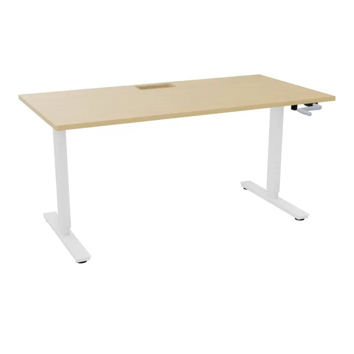 Axel 2 Bureau rectangulaire L. 160 x P. 80 cm plateau découpé trappe ep. 25 mm + goul mélamine Chêne naturel structure métal lisse blanc réglable en hauteur par manivelle