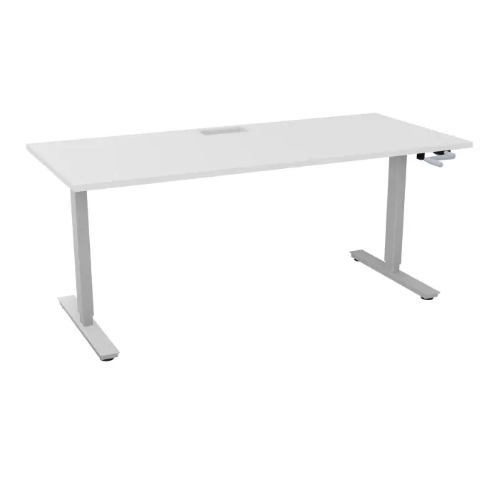 Axel 2 Bureau rectangulaire L. 180 x P. 80 cm plateau découpé trappe ep. 25 mm + goul mélamine blanc neige structure métal lisse noir réglable en hauteur par manivelle