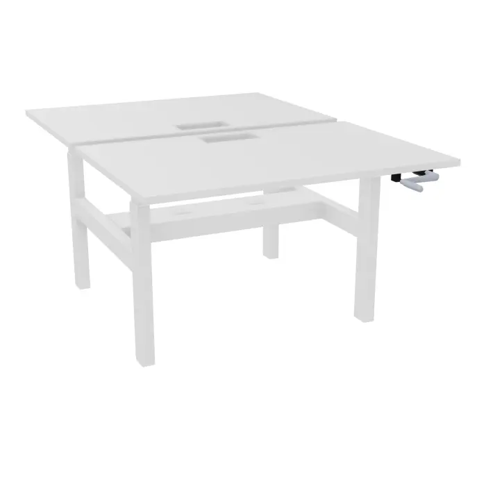 Axel 2 Bench 2 x rect L. 120 x P. 80 plateaux découpés trappe ép. 25 mm + goul mélamine blanc neige structure métal lisse blanc réglable en hauteur par manivelle