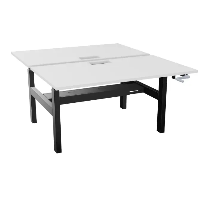 Axel 2 Bench 2 x rect L. 140 x P. 80 plateaux découpés trappe ép. 25 mm + goul mélamine blanc neige structure métal lisse noir réglable en hauteur par manivelle