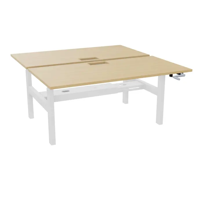 Axel 2 Bench 2 x rect L. 160 x P. 80 plateaux découpés trappe ép. 25 mm + goul mélamine Chêne naturel structure métal lisse blanc réglable en hauteur par manivelle