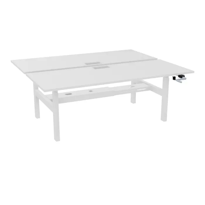 Axel 2 Bench 2 x rect L. 200 x P. 80 plateaux découpés trappe ép. 25 mm + goul mélamine blanc neige structure métal lisse blanc réglable en hauteur par manivelle