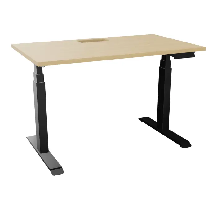 AXEL 2 Bureau rectangulaire L. 120 x P. 70 plateau découpé trappe ep. 25 mm + goul mélamine Chêne naturel structure métal lisse noir motorisé Boitier 4 utilisateurs x 2 mémoires + USB