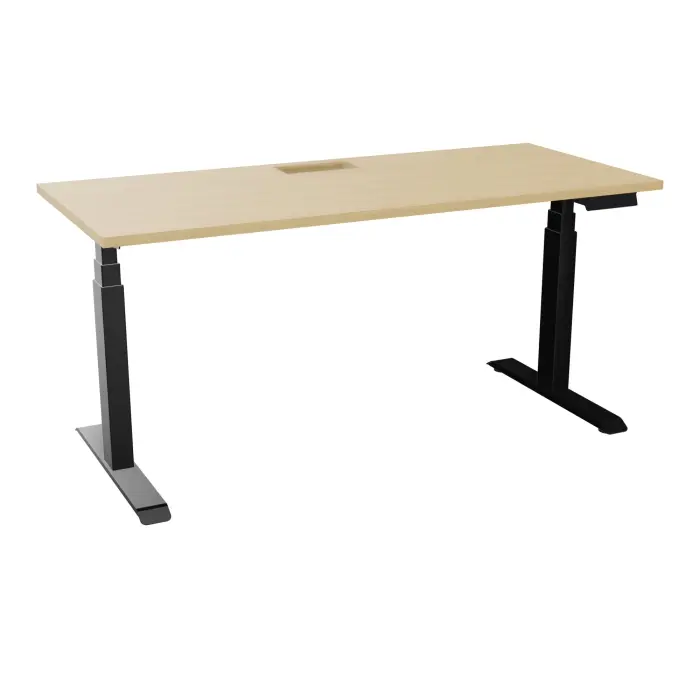 AXEL 2 Bureau rectangulaire L. 160 x P. 70 plateau découpé trappe ep. 25 mm + goul mélamine Chêne naturel structure métal lisse noir motorisé Boitier 4 utilisateurs x 2 mémoires + USB