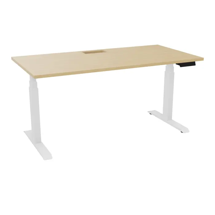 AXEL 2 Bureau rectangulaire L. 160 x P. 80 plateau découpé trappe ep. 25 mm + goul mélamine Chêne naturel structure métal lisse blanc motorisé Boitier 4 utilisateurs x 2 mémoires + USB
