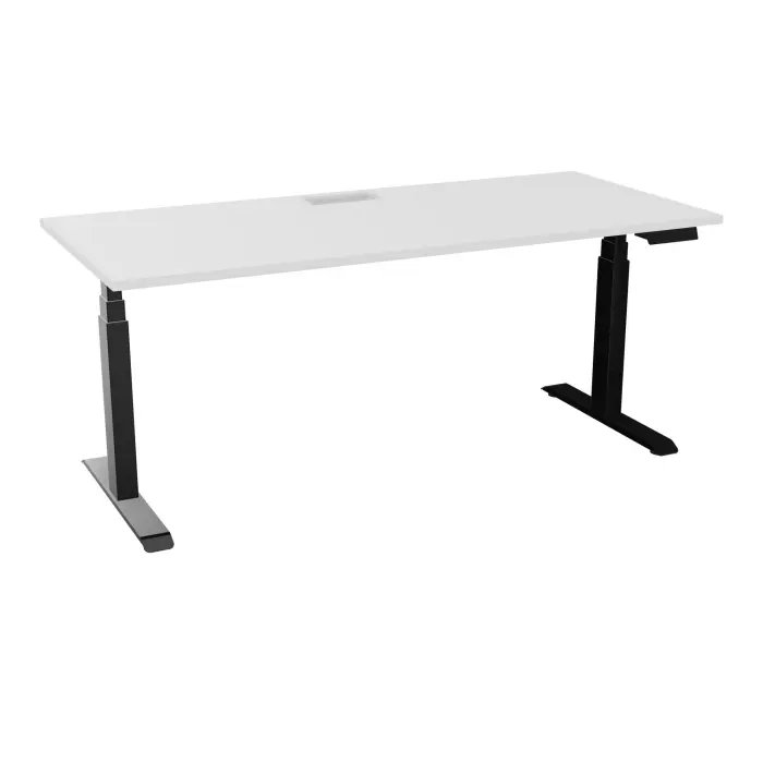 AXEL 2 Bureau rectangulaire L. 180 x P. 80 plateau découpé trappe ep. 25 mm + goul mélamine blanc neige structure métal lisse noir motorisé Boitier 4 utilisateurs x 2 mémoires + USB