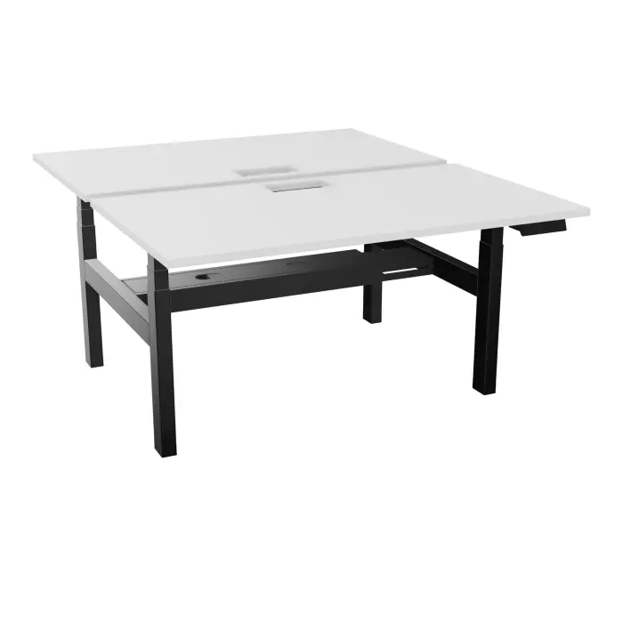 AXEL 2 Bench 2 x rect L. 140 x P. 80 plateaux découpés trappe ép. 25 mm + goul mélamine blanc neige structure métal lisse noir motorisé 2x Boitiers 4 utilisateurs x 2 mémoires + USB
