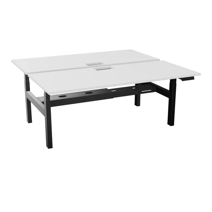 AXEL 2 Bench 2 x rect L. 180 x P. 80 plateaux découpés trappe ép. 25 mm + goul mélamine blanc neige structure métal lisse noir motorisé 2x Boitiers 4 utilisateurs x 2 mémoires + USB