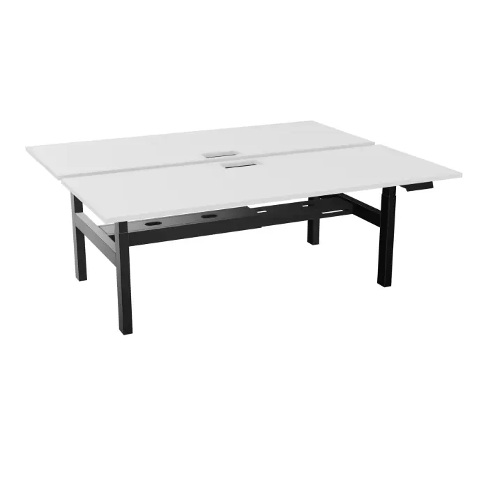 AXEL 2 Bench 2 x rect L. 200 x P. 80 plateaux découpés trappe ép. 25 mm + goul mélamine blanc neige structure métal lisse noir motorisé 2x Boitiers 4 utilisateurs x 2 mémoires + USB