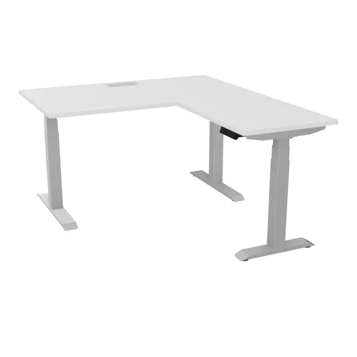 AXEL 2 Bureau rect L. 140 x P. 80 plateau découpé trappe ép. 25 mm + goul + Rt P.60x80 mélamine blanc neige structure métal lisse gris argent motorisé Boitier 4 utilisateurs x 2 mémoires + USB