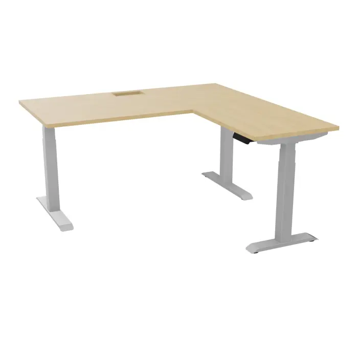 AXEL 2 Bureau rect L. 160 x P. 80 plateau découpé trappe ép. 25 mm + goul + Rt P.60x80 mélamine Chêne naturel structure métal lisse gris argent motorisé Boitier 4 utilisateurs x 2 mémoires + USB