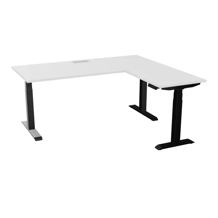 AXEL 2 Bureau rect L. 180 x P. 80 plateau découpé trappe ép. 25 mm + goul + Rt P.60x80 mélamine blanc neige structure métal lisse noir motorisé Boitier 4 utilisateurs x 2 mémoires + USB