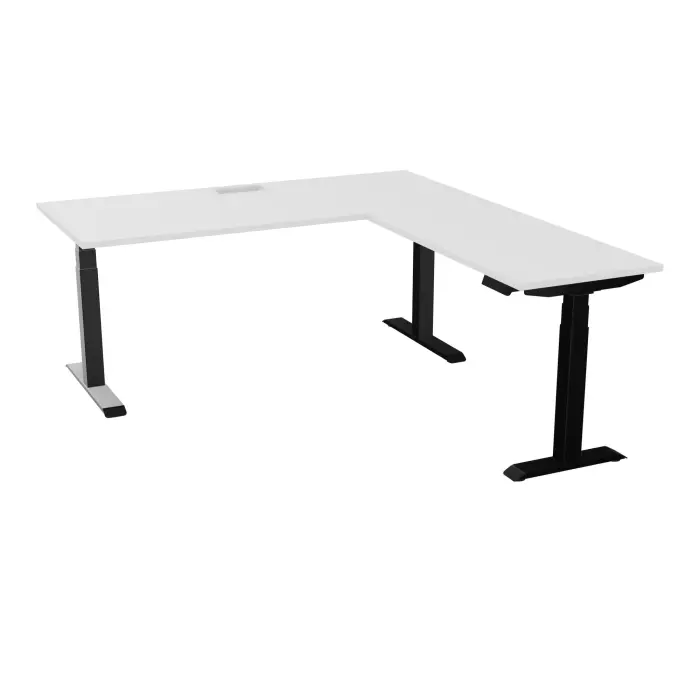 AXEL 2 Bureau rect L. 180 x P. 80 plateau découpé trappe ép. 25 mm + goul + Rt P.60x120 mélamine blanc neige structure métal lisse noir motorisé Boitier 4 utilisateurs x 2 mémoires + USB