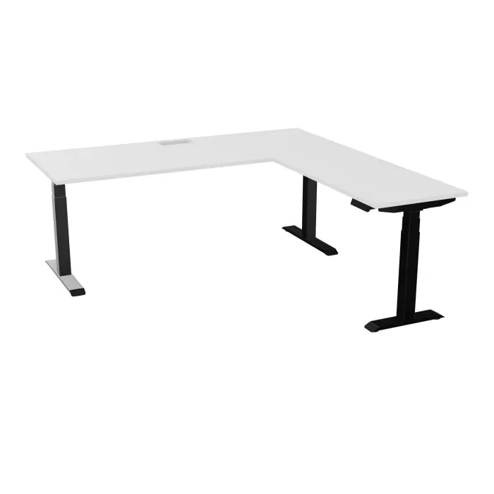 AXEL 2 Bureau rect L. 200 x P. 80 plateau découpé trappe ép. 25 mm + goul + Rt P.60x120 mélamine blanc neige structure métal lisse noir motorisé Boitier 4 utilisateurs x 2 mémoires + USB