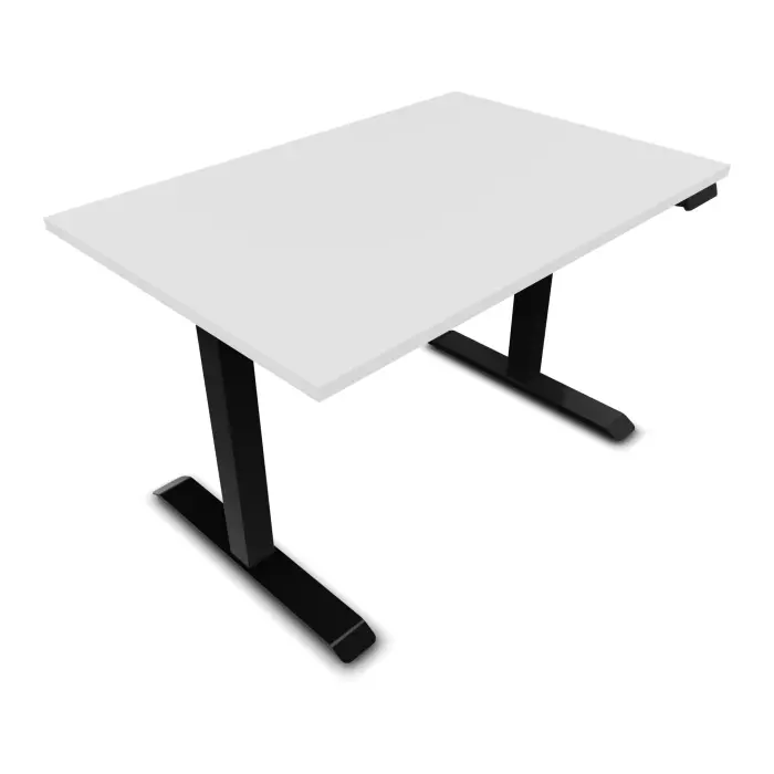 Bureau rectangulaire Lutz 2 L. 120 cm x P. 80 cm plateau pré-percé 2 obturateurs épaisseur 25 mm mélamine blanc neige piètements I section carrée 70x70mm motorisés réglables en hauteur avec boîtier de commande