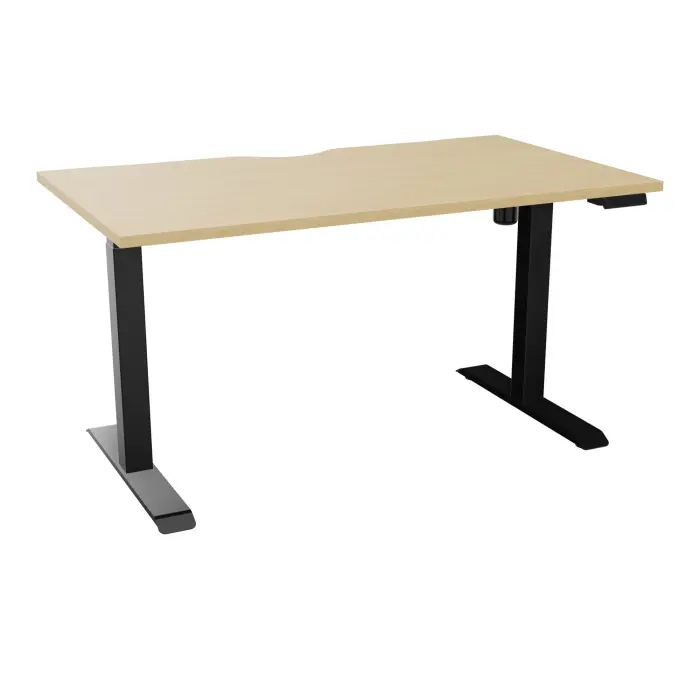 Bureau rectangulaire Lutz 2 L. 140 cm x P. 80 cm plateau échancré épaisseur 25 mm Chêne naturel piètements I section carrée 70x70mm motorisés réglables en hauteur avec boîtier de commande 3 positions métal liss