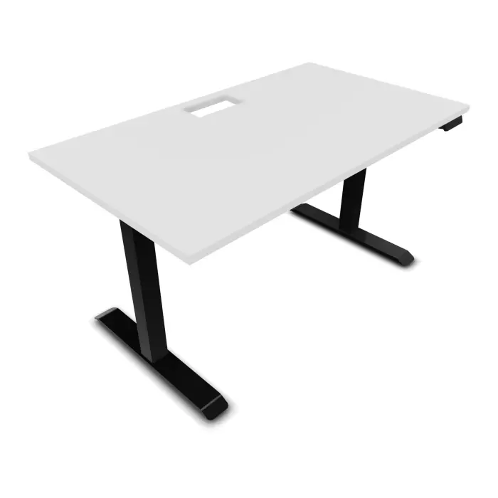 Bureau rectangulaire Lutz 2 L. 140 cm x P. 80 cm plateau découpé 1 trappe 24x12 épaisseur 25 mm mélamine blanc neige + goulotte piètements I section carrée 70x70mm motorisés réglables en hauteur avec boîtier de