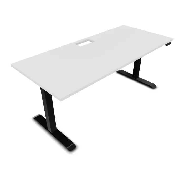 Bureau rectangulaire Lutz 2 L. 180 cm x P. 80 cm plateau découpé 1 trappe 24x12 épaisseur 25 mm mélamine blanc neige + goulotte piètements I section carrée 70x70mm motorisés réglables en hauteur avec boîtier de