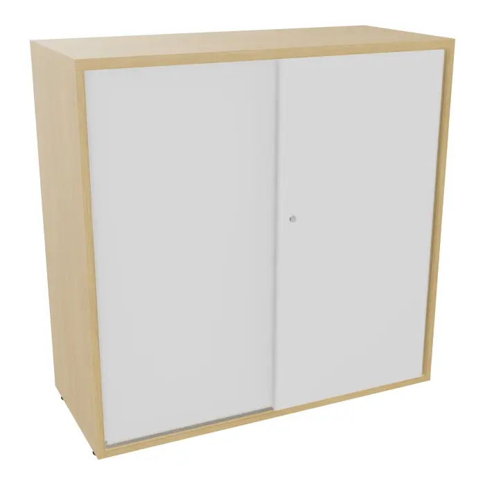 Armoire Armand 2 portes coulissantes H. 100 x L. 100x P. 43,2 cm - 2 tablettes - corps mélamine Chêne naturel - portes mélamine blanc neige - poignées métal lisse blanc