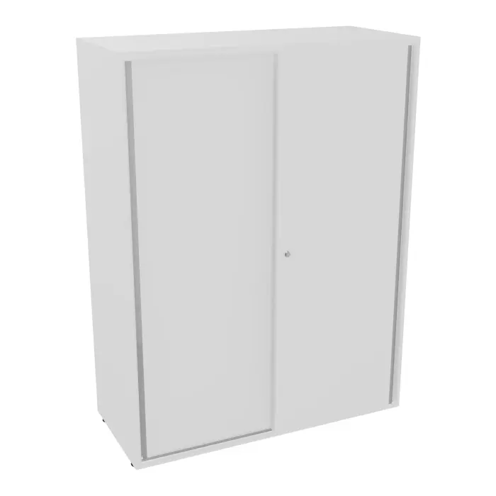 Armoire Armand 2 portes coulissantes H. 133,5 x L. 100x P. 43,2 cm - 3 tablettes - corps mélamine blanc neige - portes mélamine blanc neige - poignées métal gris aluminium